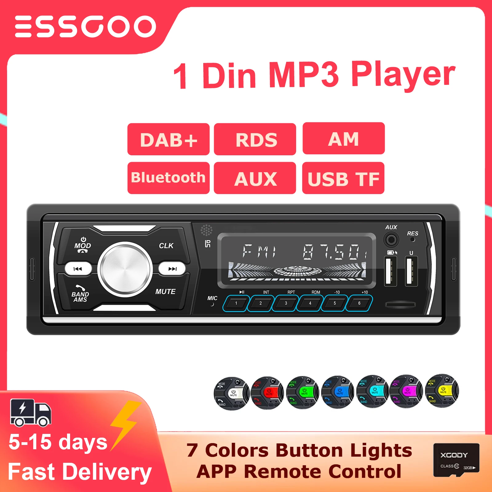 

Автомагнитола ESSGOO 1 Din с MP3-плеером, Авторадио DAB + RDS AM, автомагнитола с 7-цветной кнопкой, Bluetooth, центральный мультимедийный автомобильный аудио