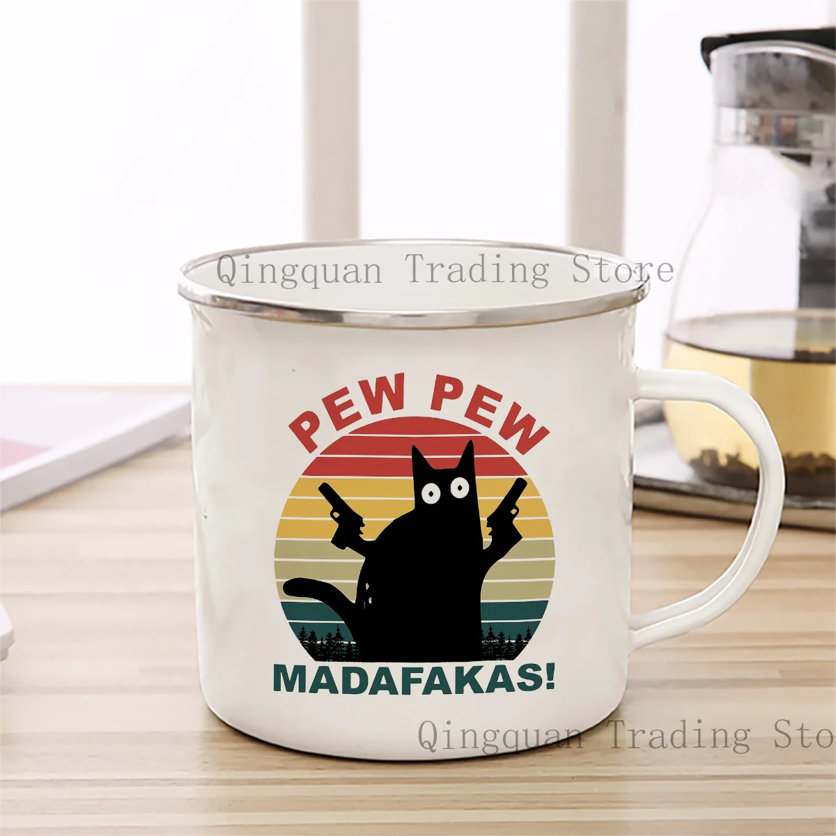 كوب بيو مطلي بالمينا كوب قهوة 11 أونصة من السيراميك والشاي والكاكاو ومقبض كوب لشرب الشاي