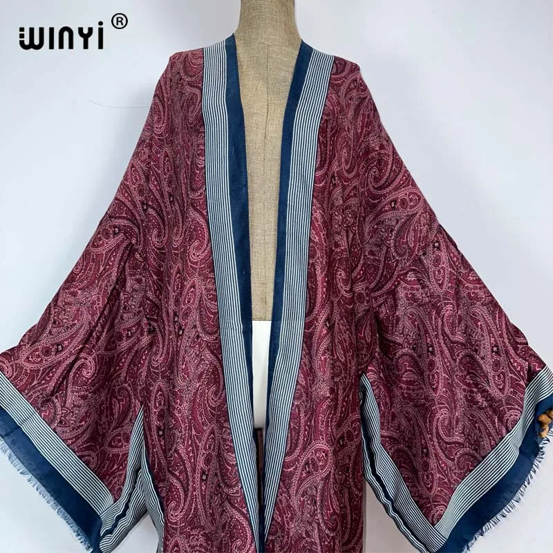 WINYI kimono osłona do Bikini-up elegancki strój plażowy dla kobiet klasyczne z nadrukiem w łezkę bawełniane uczucie vestidos para mujer sukienka