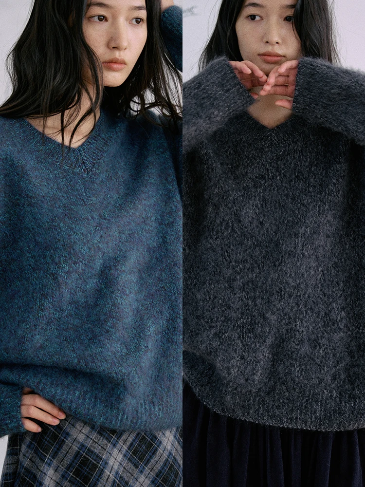 

Jicouture I00 Women's Wool Blend V-Ne Knitwear Loose Fit Comfortable Winter Sweater Skin-friendly Long Sve Top