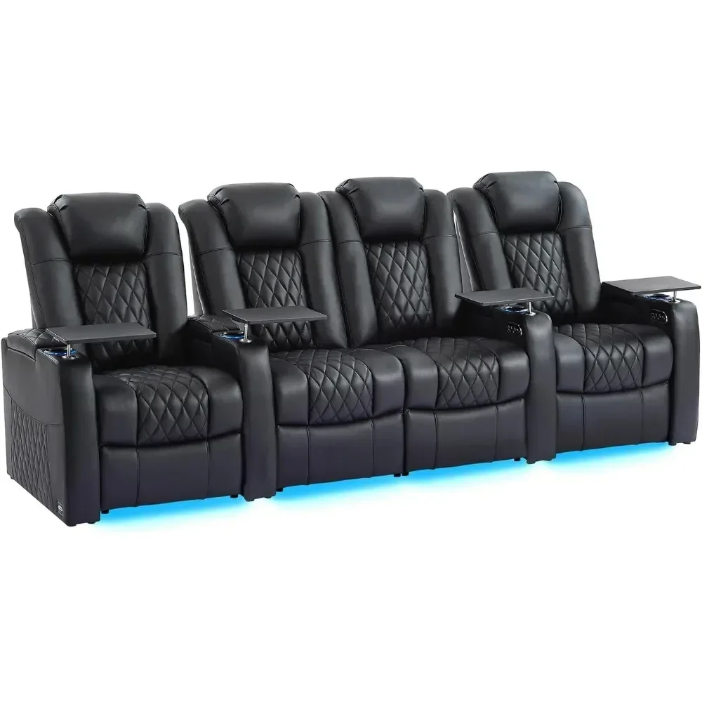 Home Theater Seating Classic Series Top Grain Nappa Leather Loveseat Recliner Chair, Electric Headrest with Tray Table