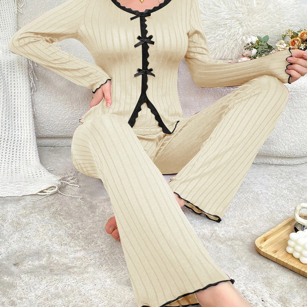 

Autumn Winter Lace Trim Long Sleeve Long Pants Two Piece Set Fleece Brushed Casual Ladies Sleepwear Comfortable Home Clothes