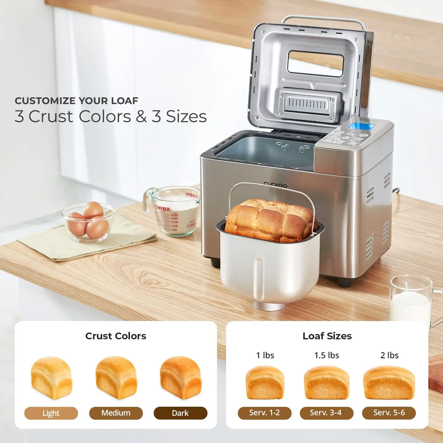 Bread Maker Machine with 15 Menu Options + 3 Crust Colors 2 lbs Bread Machine with Automatic Fruit & Nut Dispenser