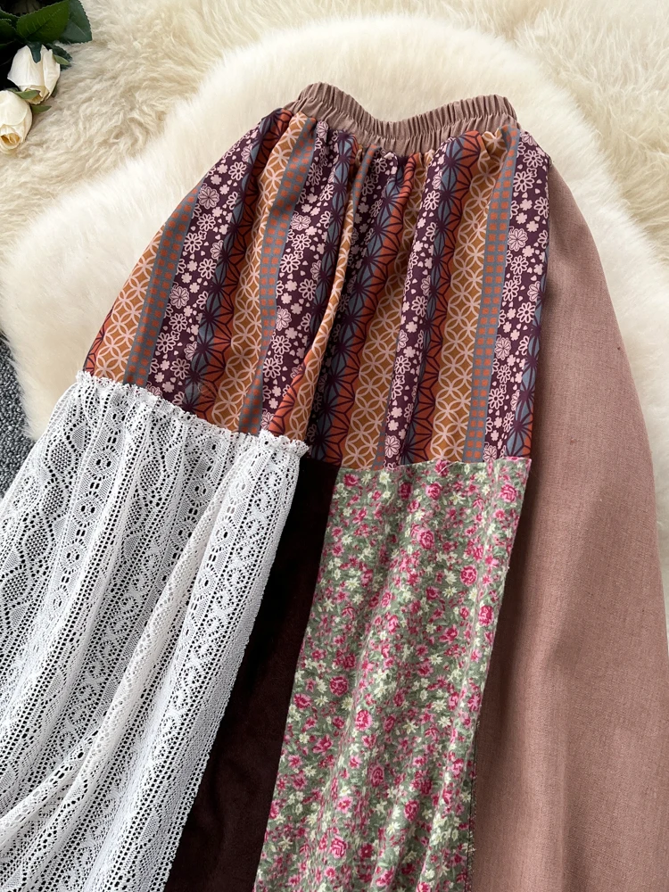 レトロな花柄パッチワークハイウエストAラインミディスカートレディース秋冬ゴムウエストスリムフィット通勤韓国風スカート