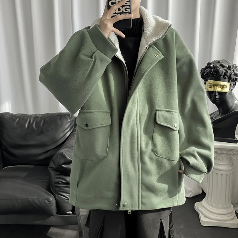 

Fleece Padded Jacket Men's Autumn Winter Thick Padded Jacket Korean Trendy Lamb Wool Coat Large Size Oversize Cotton Jacket