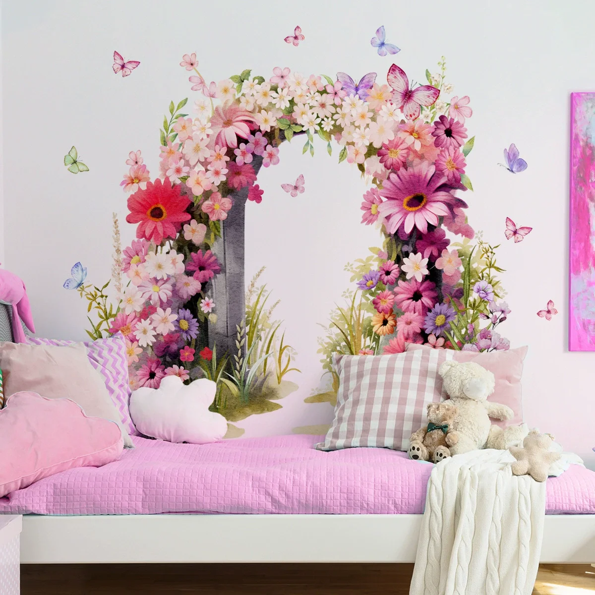 Adesivo de parede estético rosa flor borboleta arco-papel de parede autoadesivo removível para quarto sala de estar decoração floral de casa