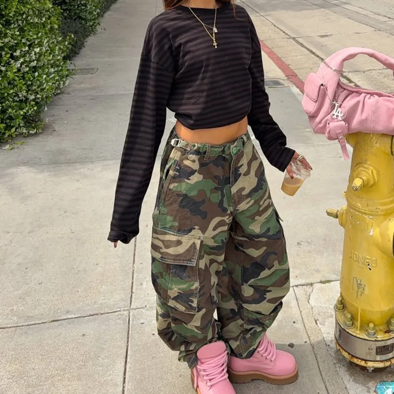 

KEXU High-waisted Loose Wide-leg Camouflage Cargo Pants, Multi-pocket Y2K Street Casual Trousers for Women