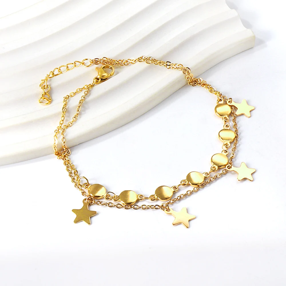 Bohemia Five-pointed Star Double Layered Anklets High Quality Stainless Steel Metal Tag Pendant Ankle For Women Summer Gifts