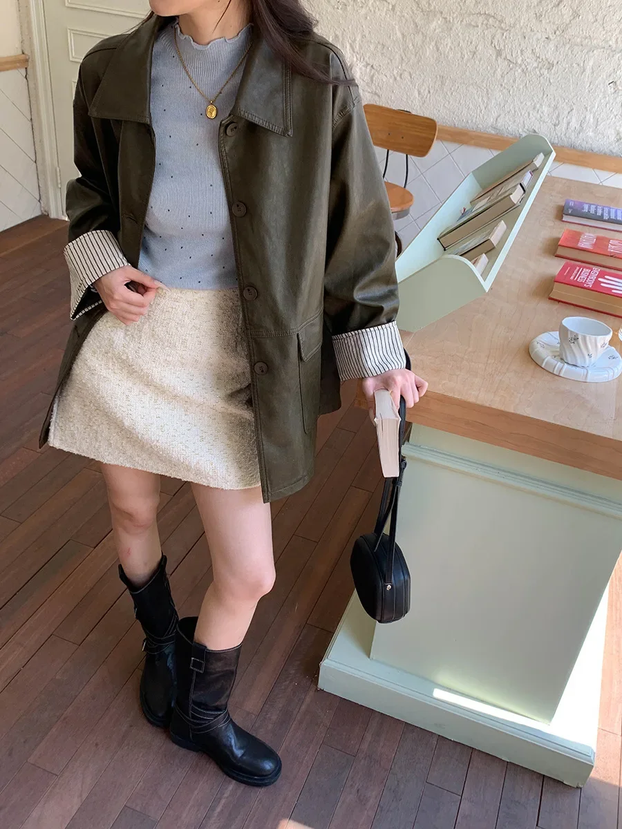 여성용 캐주얼 패치워크 스트라이프 긴팔 PU 가죽 재킷 가을 2025 신상품