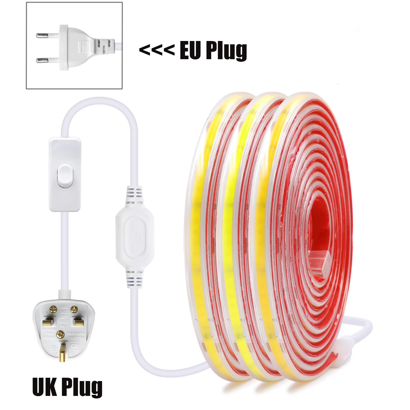 Imagem -02 - Impermeável Home Decor Cob Strip Fita Auto-adesiva Fita Flexível Stripe Chain Light com ue e uk Plug ac 220v 3000k 4000k 6000k