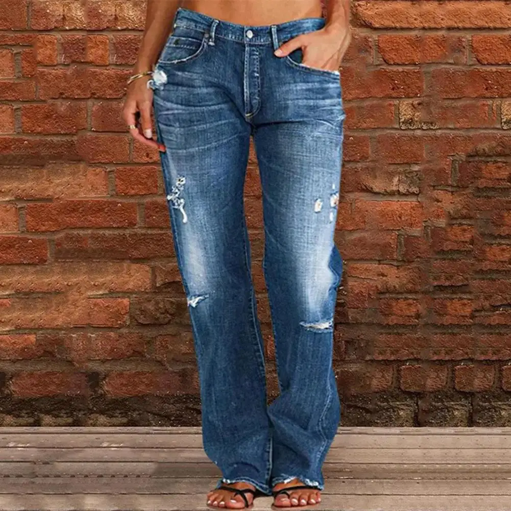 

Denim Trousers Stylish High Waist Women's Jeans with Ripped Details Slim Fit Multiple Pockets for Daily Wear Trendy Straight Leg