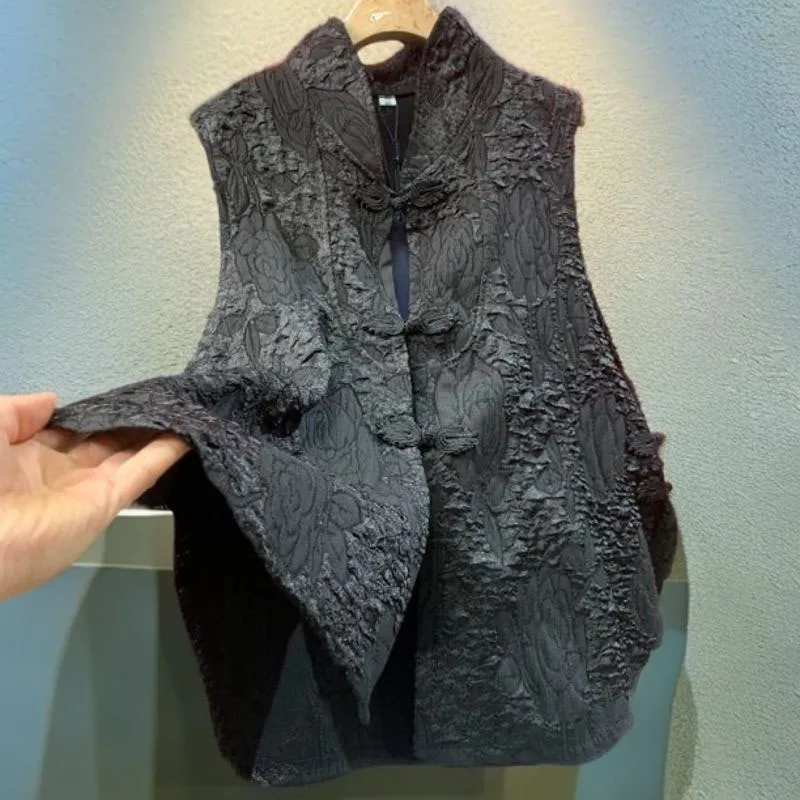 

New Chinese Frog Button Black Vest Jacket Women Loose Sleeveless Tank Top Side Split Crepe Jacquard Coat Ethnic