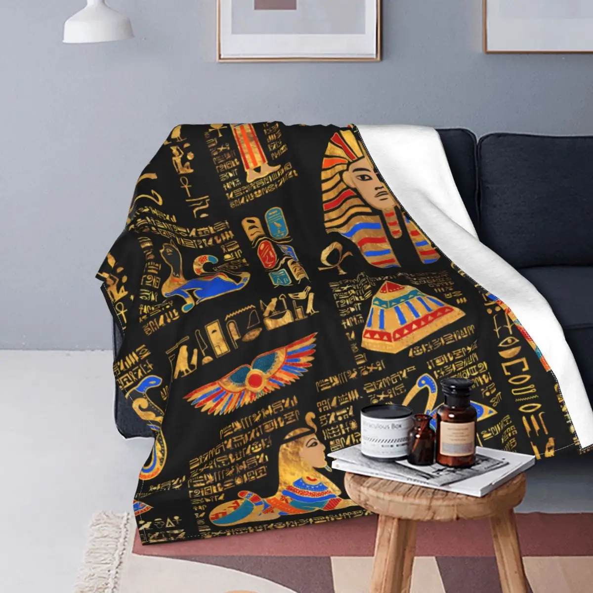 

Egyptian Hieroglyphs And Deities On Black Blankets Flannel Autumn/Winter Egypt Throw Blanket for Sofa Couch Plush Thin Quilt