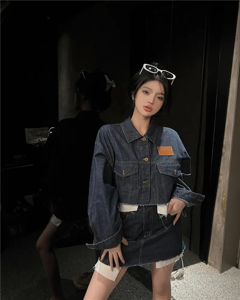 Spring/summer Retro Street Style High Waist A-Line Short Skirt Denim Short Jacket Casual Two Piece Set