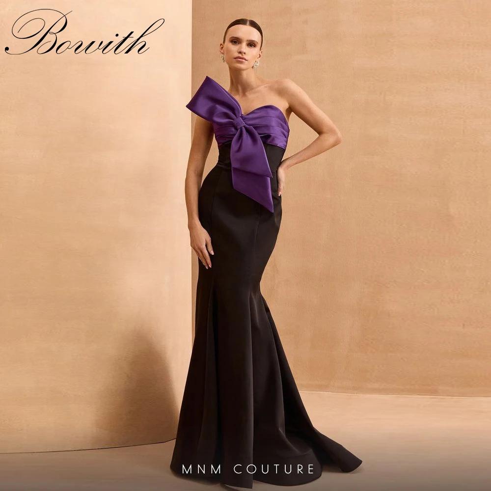 

Bowith Mermaid Evening Dresses Contrast Color Strapless Bow Party Dresses Customized Purple Black Prom Dress vestidos de fiesta