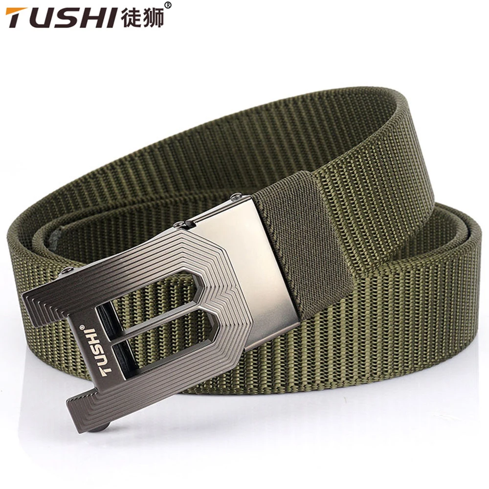 TUSHI Metal Automatic Buckle Nylon Male Army Outdoor Hunting Tactical Belt Mens Military Waist Canvas Belts High Quality Strap