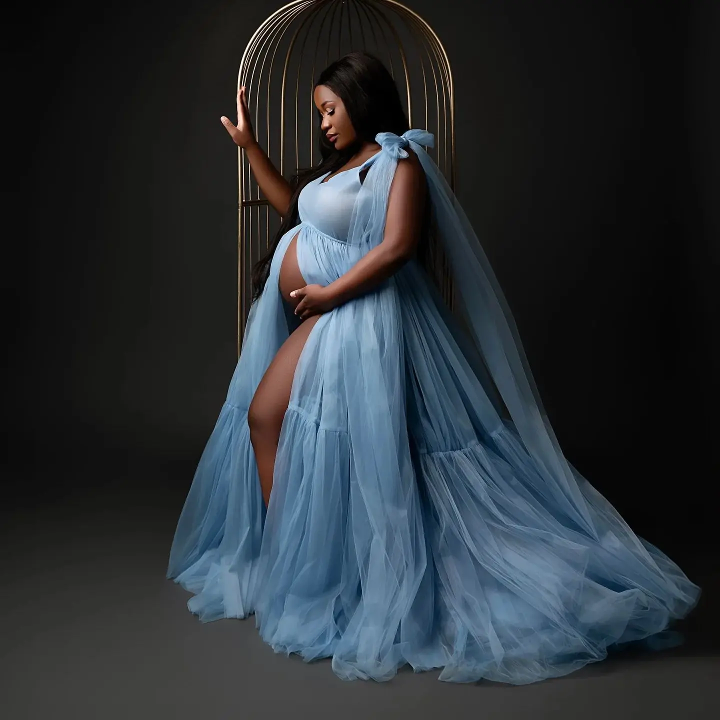 

Синее платье для беременных для фотографии A Line V-образным вырезом Robe de Fiesta с накидкой на рукавах Индивидуальные художественные фото платья для детского душа