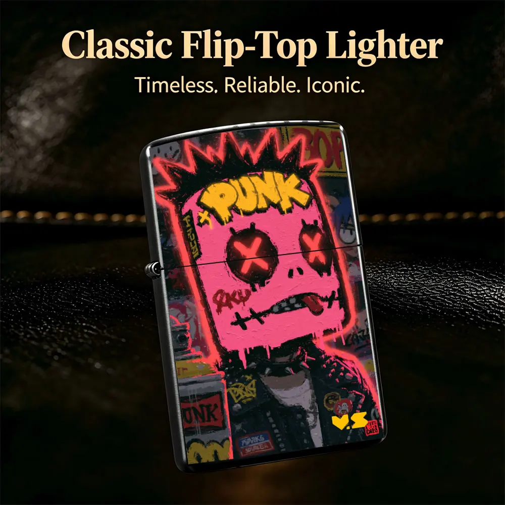 Pocket Lighter, Flip Top Design, Metal Case, Graffiti Art Print - Pink Face Man with Red Cross Mark, Windproof Flame, Comfortable Grip, Portable Durable, Creative Gift