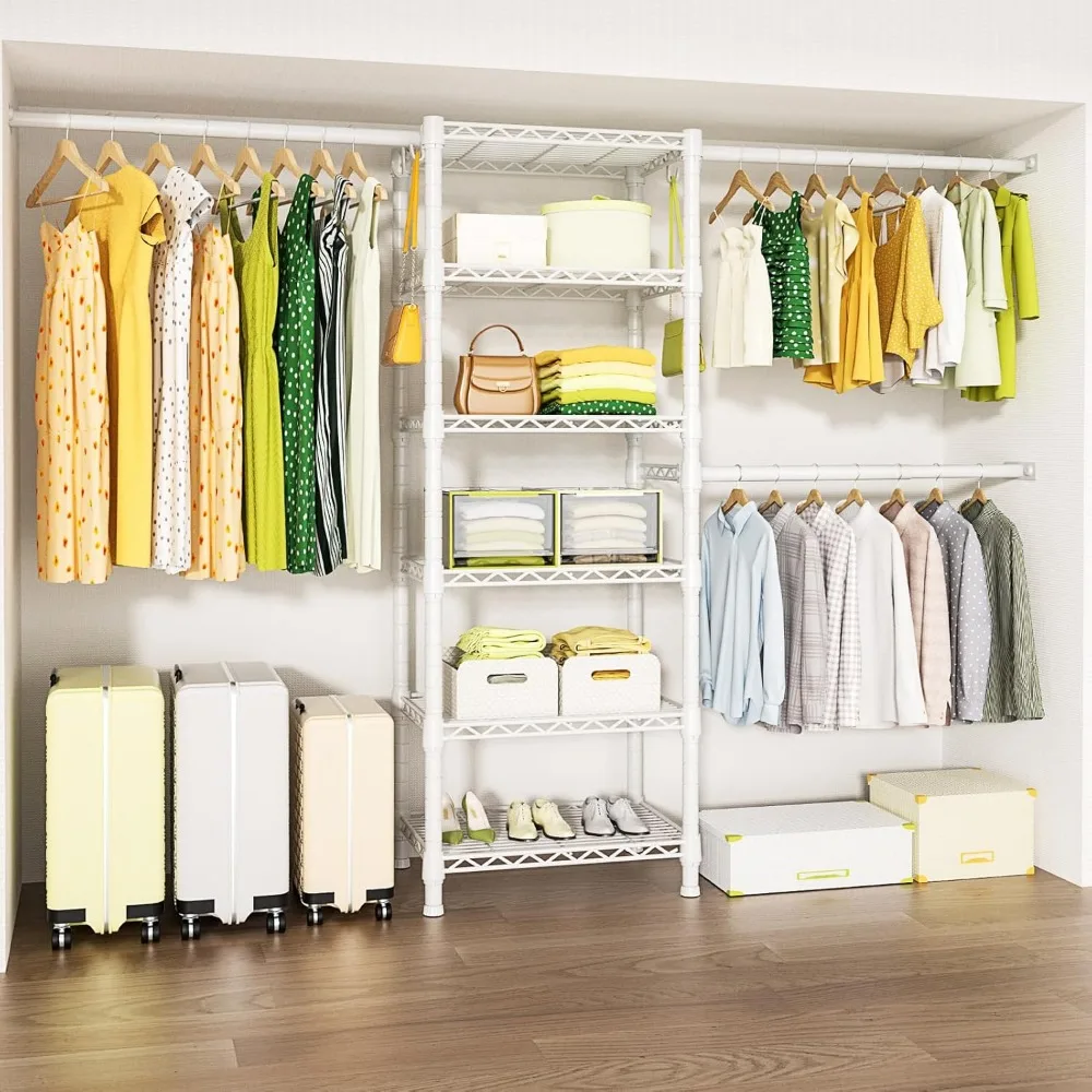 

M5 Wall Mounted Clothes Garment Rack, Heavy Duty Closet Storage and Organizer with 6 Shelves and 3 Expandable Hanger Rods, Spac