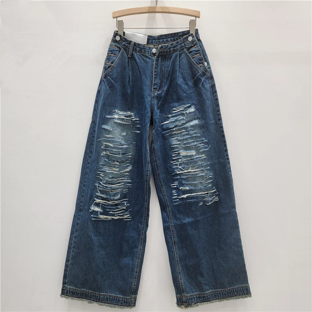 

Washed Ripped Jeans for Women 2025 Autumn New American Retro Loose Straight Leg Pants Trendy Design Female Denim Long Pants