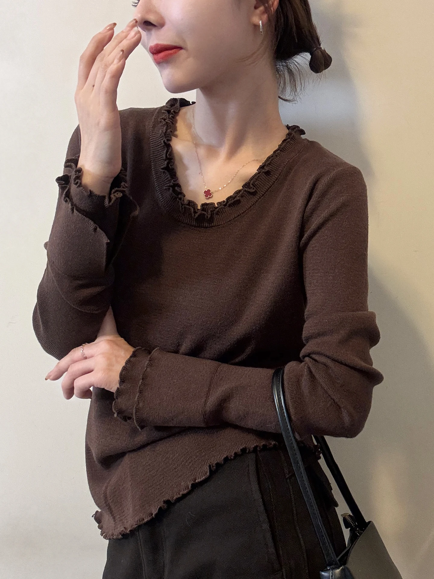 

Faionable Long Sve вязаный пуловер базовый слой чистый цвет простой дизайн осень зима для поездок на работу женский топ