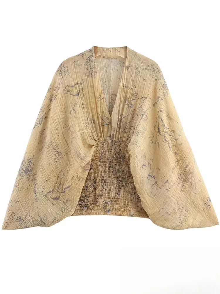 KONDALA Boho Koszule Damskie z Nadrukiem Tie Dye na Wakacje Dekolt V Długi Rękaw Elastyczne Dopasowane Bluzki Moda Jesień 2025 Impreza Top Damski