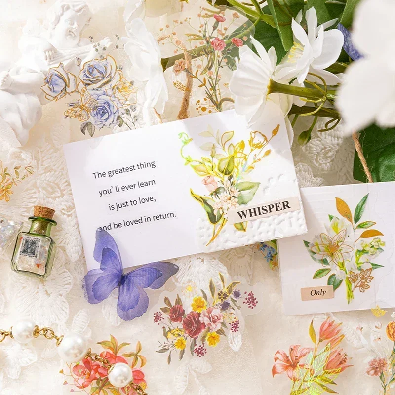 30Pcs Flowers Sticker Children Dairy Scrapbooking Garden Plants Decoration Box Stickers Gold Bronzing Green Supplies 130*85MM