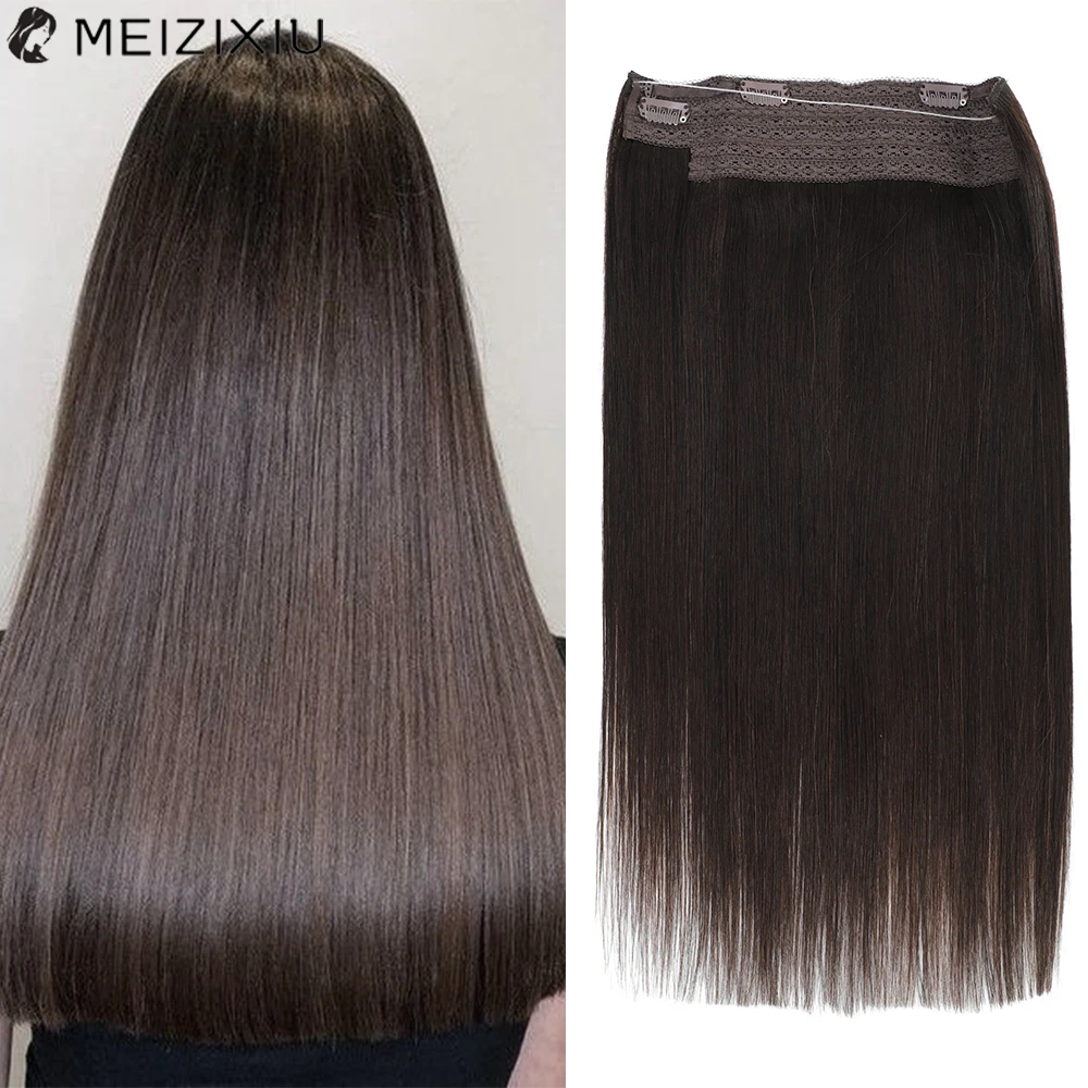 RemeeHi Invisiable Hair Pieces Human Hair Straight Fish-line Wire Micro Hair Extensions for Women 90g 20 Inch 99j# Dark Brown