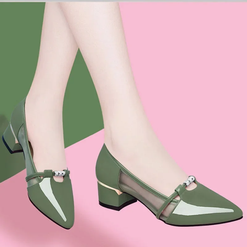 2023 Zapato Negro Tacon Women Cute Sweet High Quality Green Slip on Heel Pumps for Party Ladies Casual Comfort Shoes