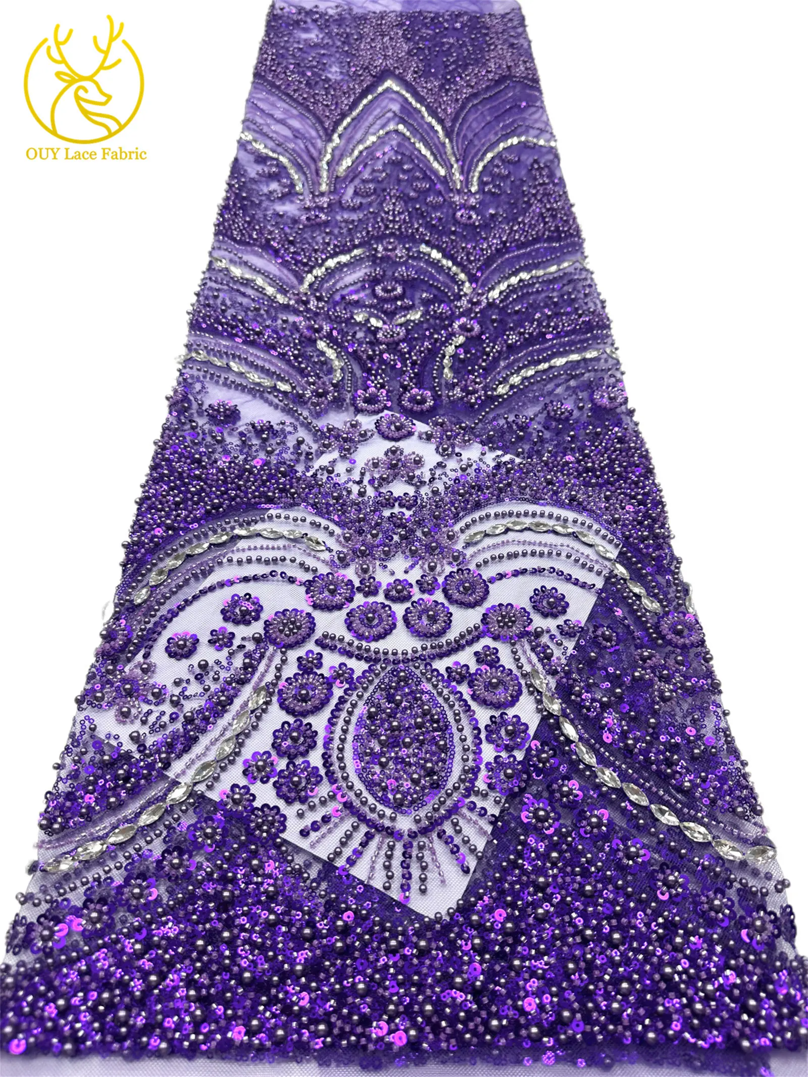 Luxuriöser königlicher lila afrikanischer handgefertigter Perlen-Spitzenstoff, französischer Pailletten-Stein-Tüll-Spitzenstoff für Hochzeitskleid-Design – Detail 30