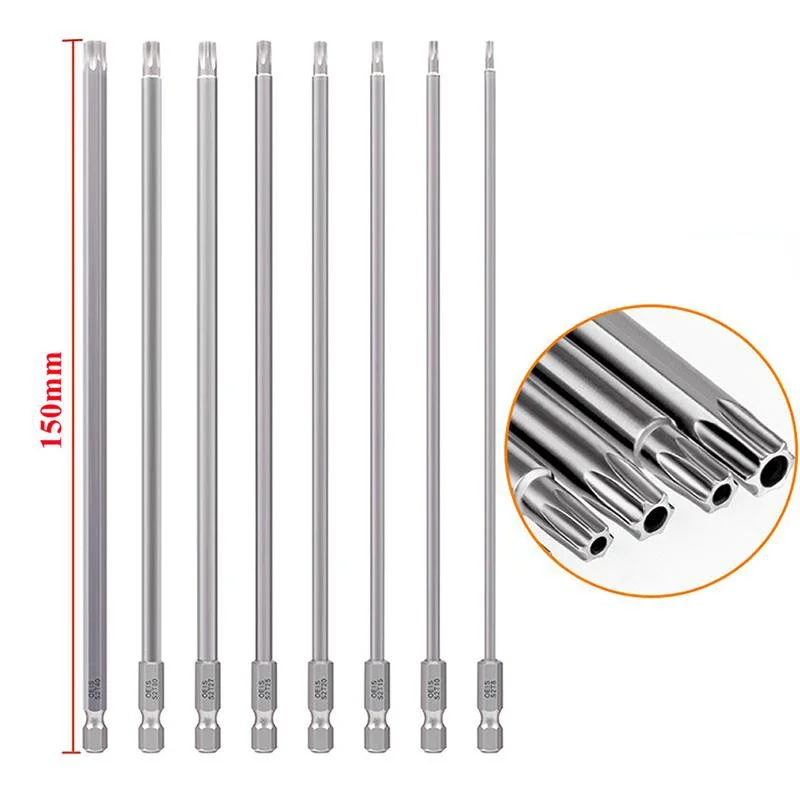 8Pcs 150mm Torx Bit Set 1/4 Inch Hex Shank Torx Screwdriver Bits Magnetic Torx Head Drill Bit with Hole Tool