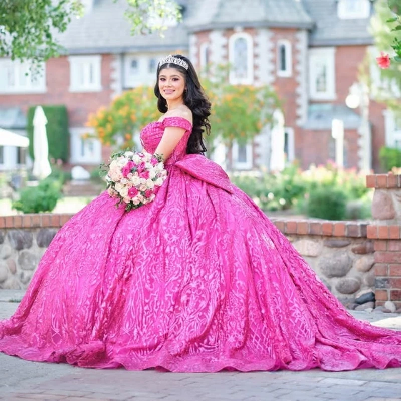 

Sparkly Rose Red Ball Gown Quinceanera Dresses Lace Up Off the Shoulder Sequin Applique Beads Bow Tull Vestidos De Anos Sweet 16