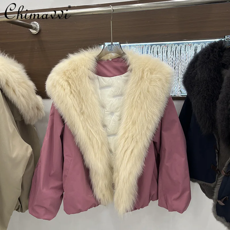 

American Fashion Fox Fur Collar Hooded Down Jackets Tops Loose Casual Thickened Warm Short OverCoat Women Winter Jackets 2025