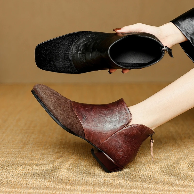 Women's new genuine leather, cowhide, horsehair splicing square toe, back zipper, middle heel, Chelsea short boots, fashion boot