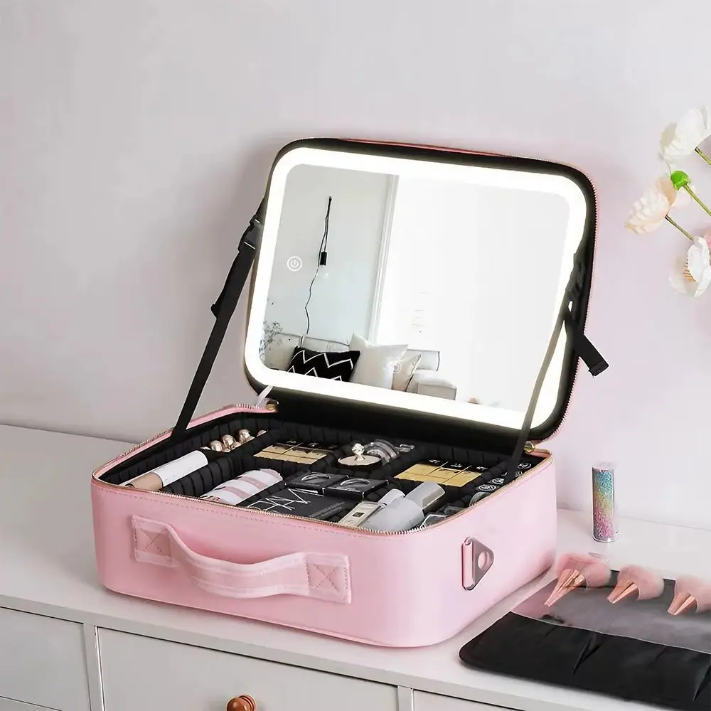 Pink Large Travel Makeup Bag with LED Mirror