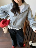 Korean Pink Zipper Hooded Sweatshirt for Women's Cute Outerwear Cardigan with Ruffle Edge Long Sleeved Top Loose Hoodie - Image 5