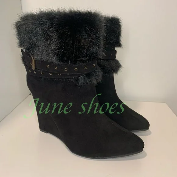 Black Suede Faux Fur Cuff Wedge Ankle Boots Pointed Toe Rivet Belt Buckle Strap Winter Warm Women Party Wedge Heel Ankle Boots