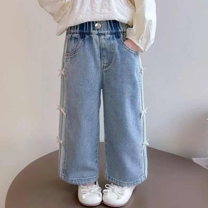 موضة عقدة شعر للفتيات الجينز ربيع الخريف مرونة الخصر الأزرق عادية مستقيم الدينيم السراويل 2025 جديد بنطال أولادي