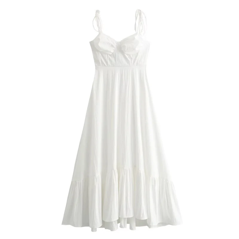 HXAO Slip White Dresses Woman Summer Sleeveless Corset Women\'s Long Dress Ruffle Pleated Backless Dress Beach Holiday Dresses