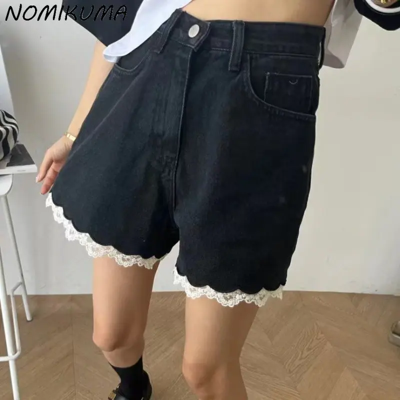 Nomikuma Vintage Lace Hit Color Patchwork High Waist Demin Shorts Women 2023 Summer New Korean Causal Wide Leg Jeans Short Mujer