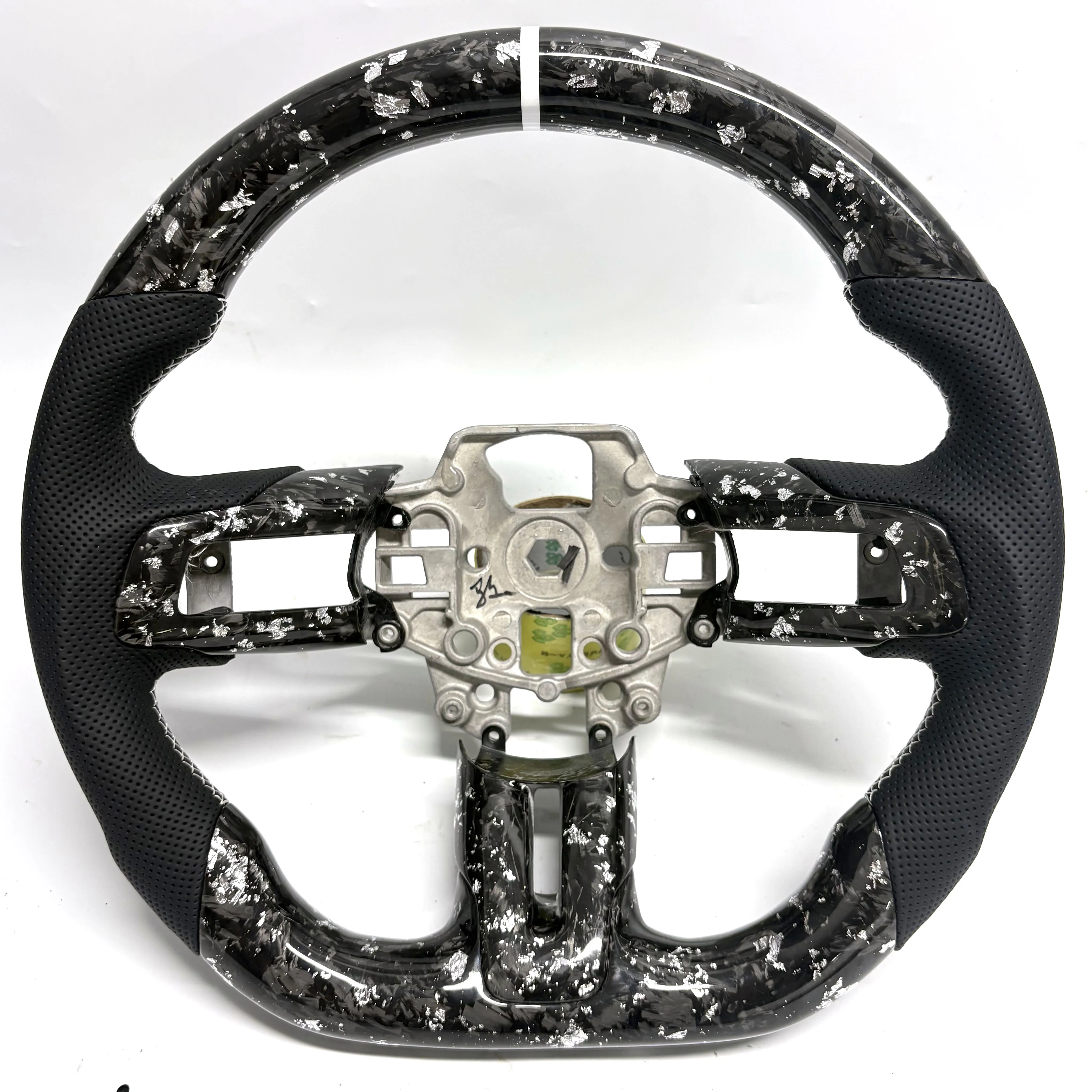 

Black stitched perforated leather with silver carbon fiber for Ford Mustang GT steering wheel 2015 - 2023