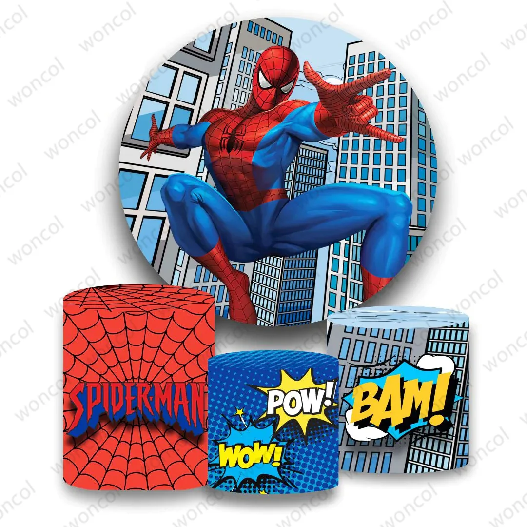 

Marvel Spider Man Round Backdrop Boy Birthday Baby Shower Backdrop Superhero Spiderman Cylinder Cover Decorations Photo Prop