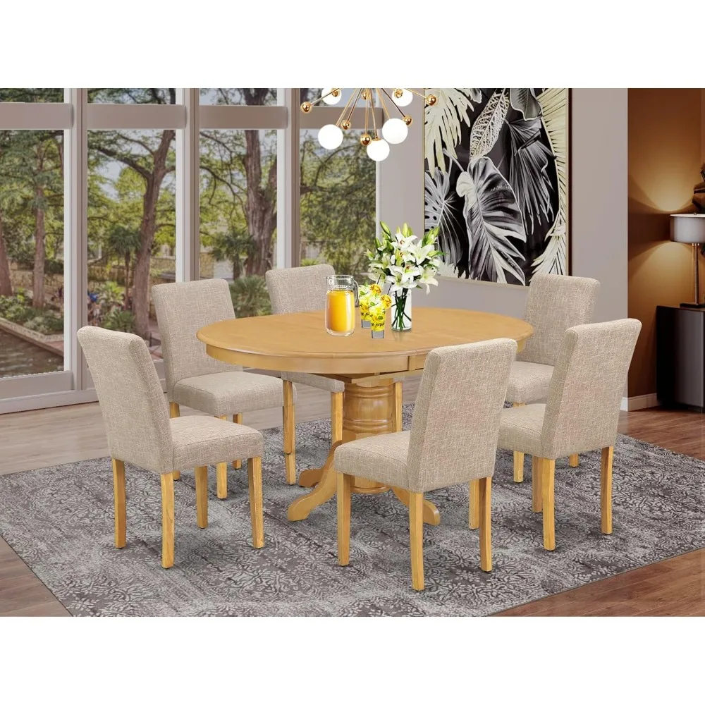 7 Piece Dining Rooms Table Set Consist of an Oval Kitchen Table with Butterfly Leaf and 6 Light Tan Linen Fab, Dinings Room Sets