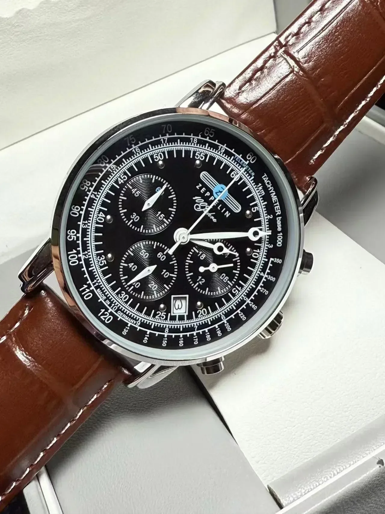 Nieuw Zeppelin automatisch datumhorloge met drie ogen, run-seconden, multifunctioneel timing, zakelijk vrijetijdskwartshorloge voor heren