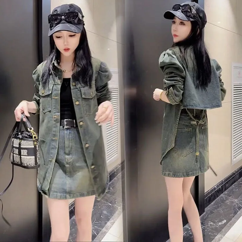 

Retro Women High Waist Denim Maxi Skirt Outfit Female Lace Up Casual Two Piece Skirt Set Spring Ladies Long Sleeves Skirts 2PCS