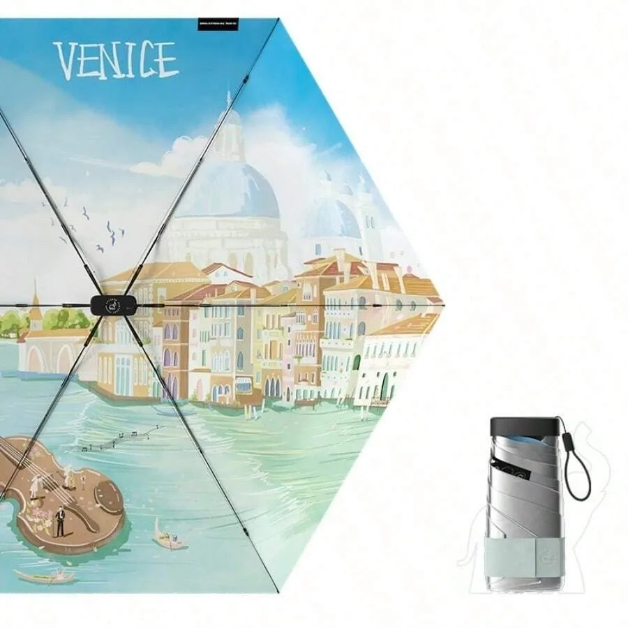 

Creative European Town Illustration 6-Fold Umbrella With Silver Coating Lightweight Manual Sun Umbrella, UPF 50+ UV Protection,