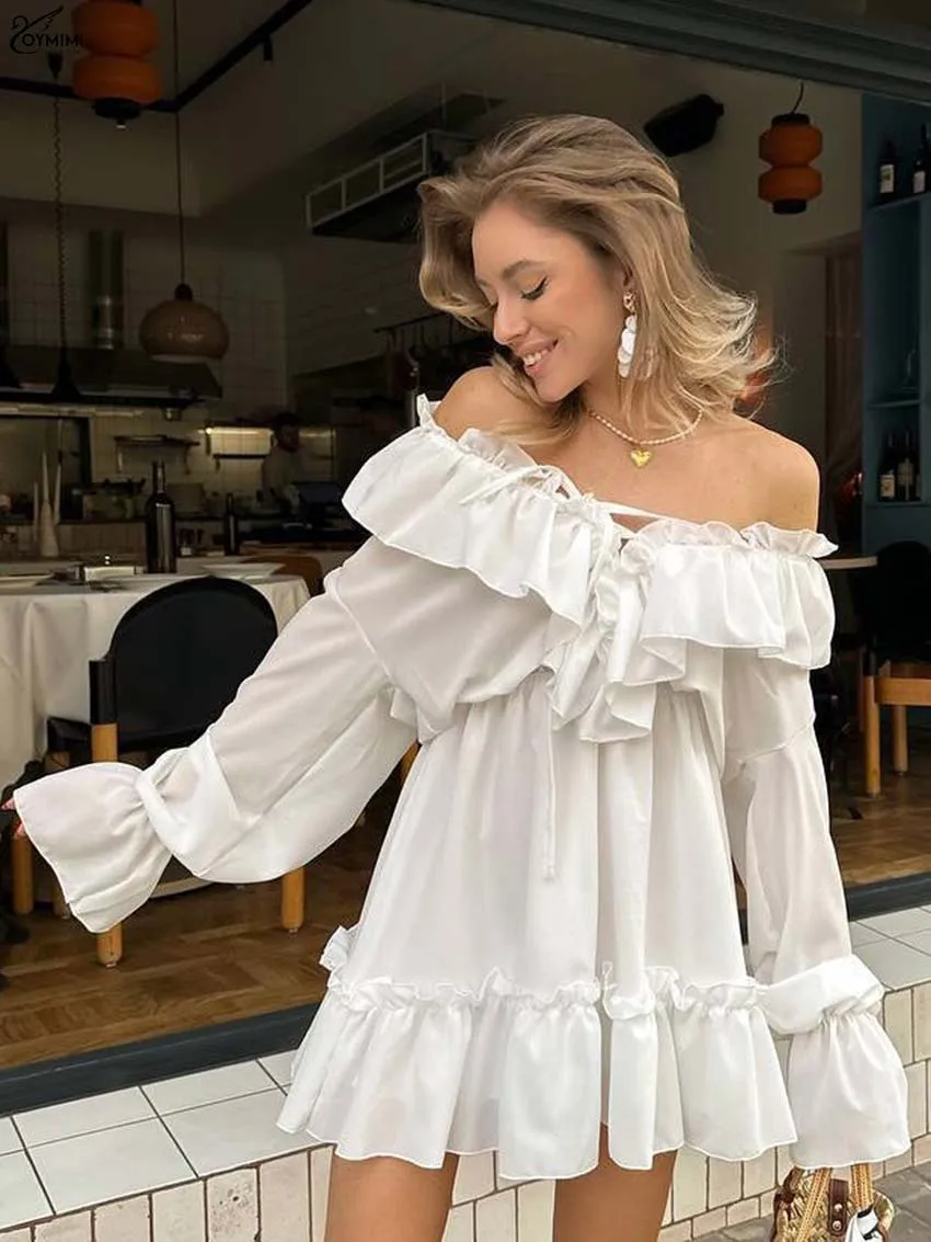 

Oymimi Fashion White V-Neck Womens Dresses Casual Ruffled Long Sleeve Lace-Up Dresses Autumn High Waisted Pleated Mini Dress