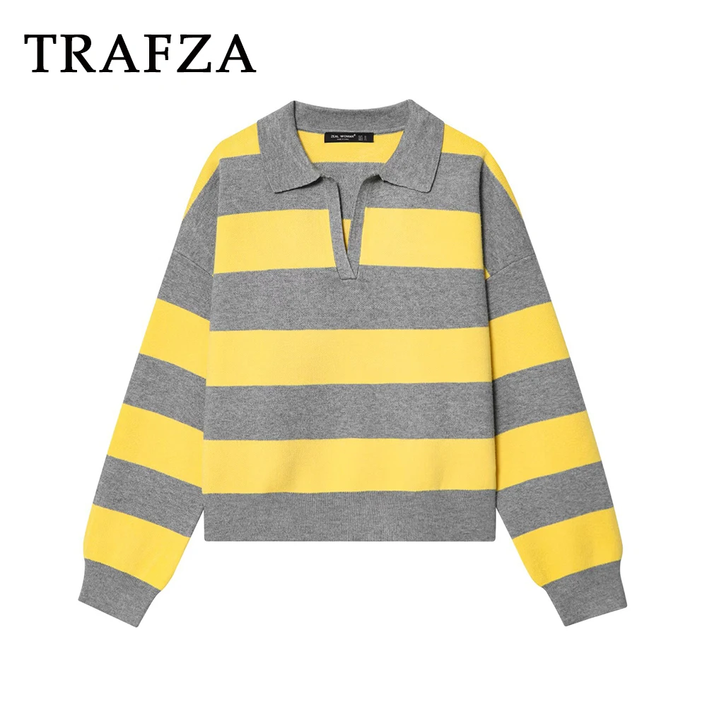 

TRAFZA Chic Autumn Knitted 2025 Women Polo Sweater Vintage Striped V-Neck Fashion Casual Long Sleeve Female Elegant Knitwear