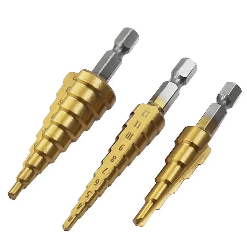 1-3PCS  Titanium plated step drill with hexagonal handle 3-12/4-12/4-20 reaming step drill with pagoda bit drilling