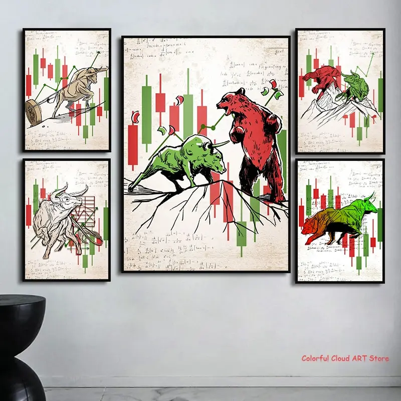 جدار الشارع الثور الدب السوق قماش الفن تحفيزية التجارة المشارك سوق الأسهم طباعة الزخرفية للمنزل مكتب جدار ديكور #1